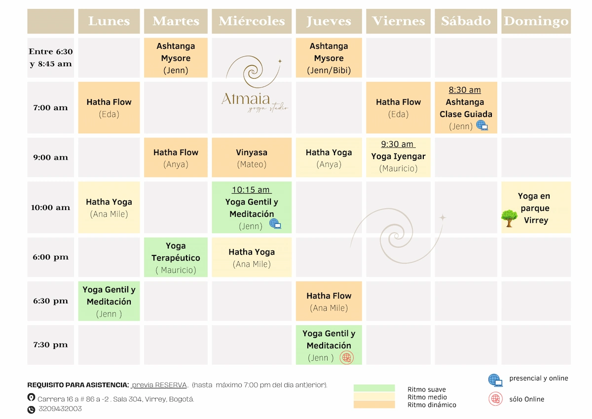 Horario de clases vigente de Atmaia Yoga