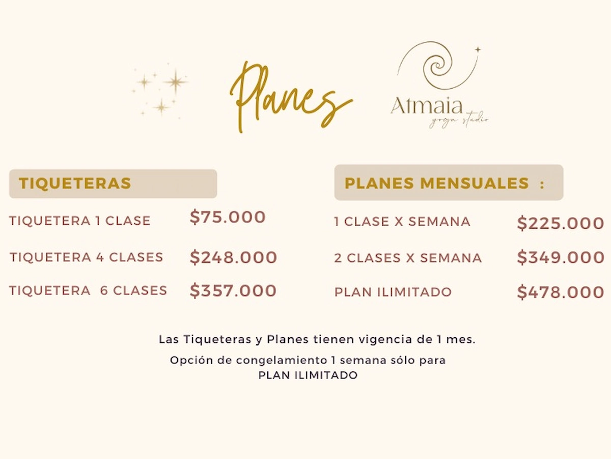 Planes y precios de clases de yoga en Atmaia Yoga Bogotá